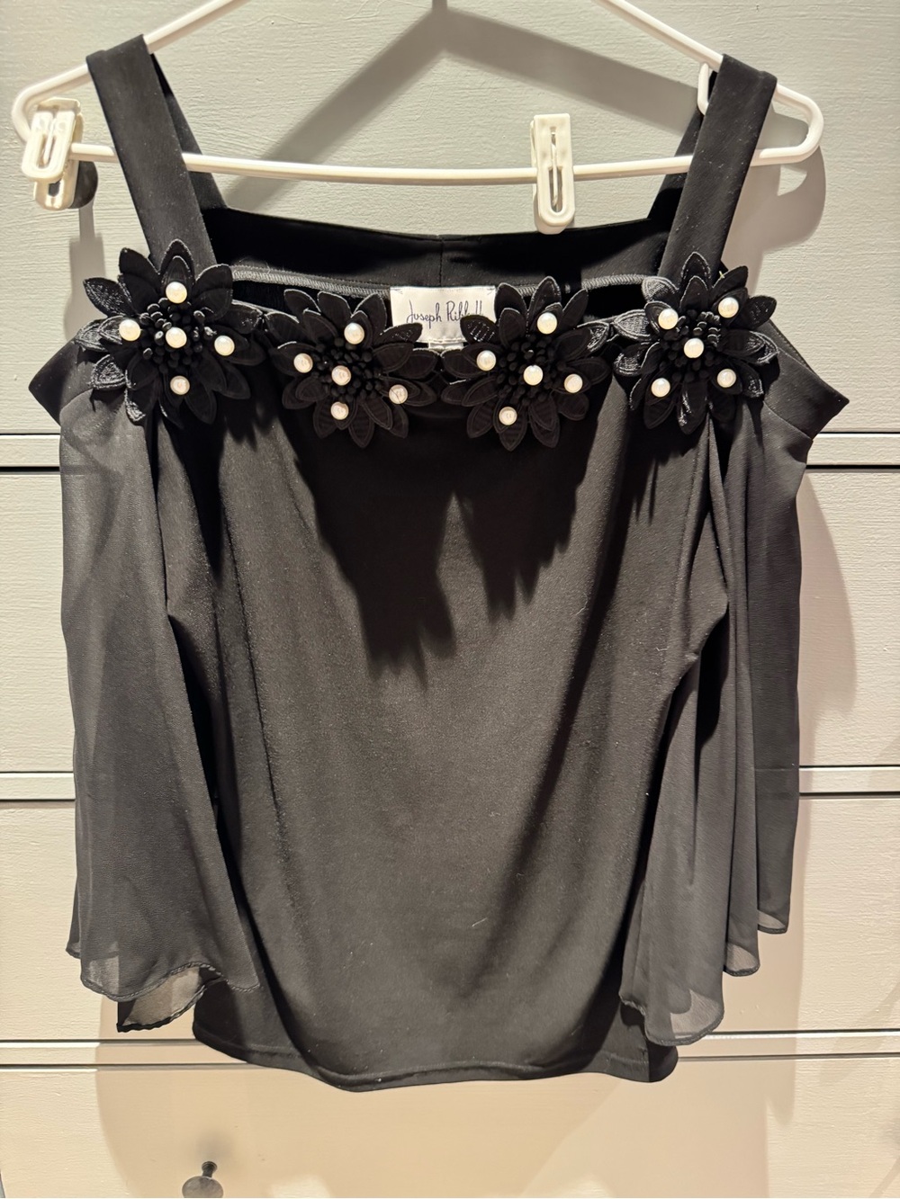 Joseph Ribkoff Black Cold-Shoulder Floral Pearl-Accent Blouse NEW